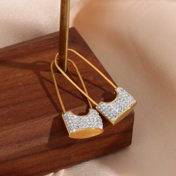 Safety Pin Lock White Zircon Dangle Earrings 18K Gold Plated Stainless - Picture 4 of 9